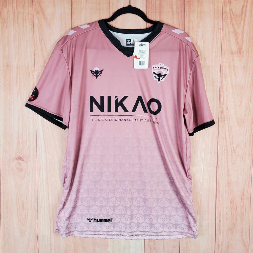 Hummel Mens Jersey Large Pink Polyester V-Neck Soccer Short Sleeve TLH Reckoning
